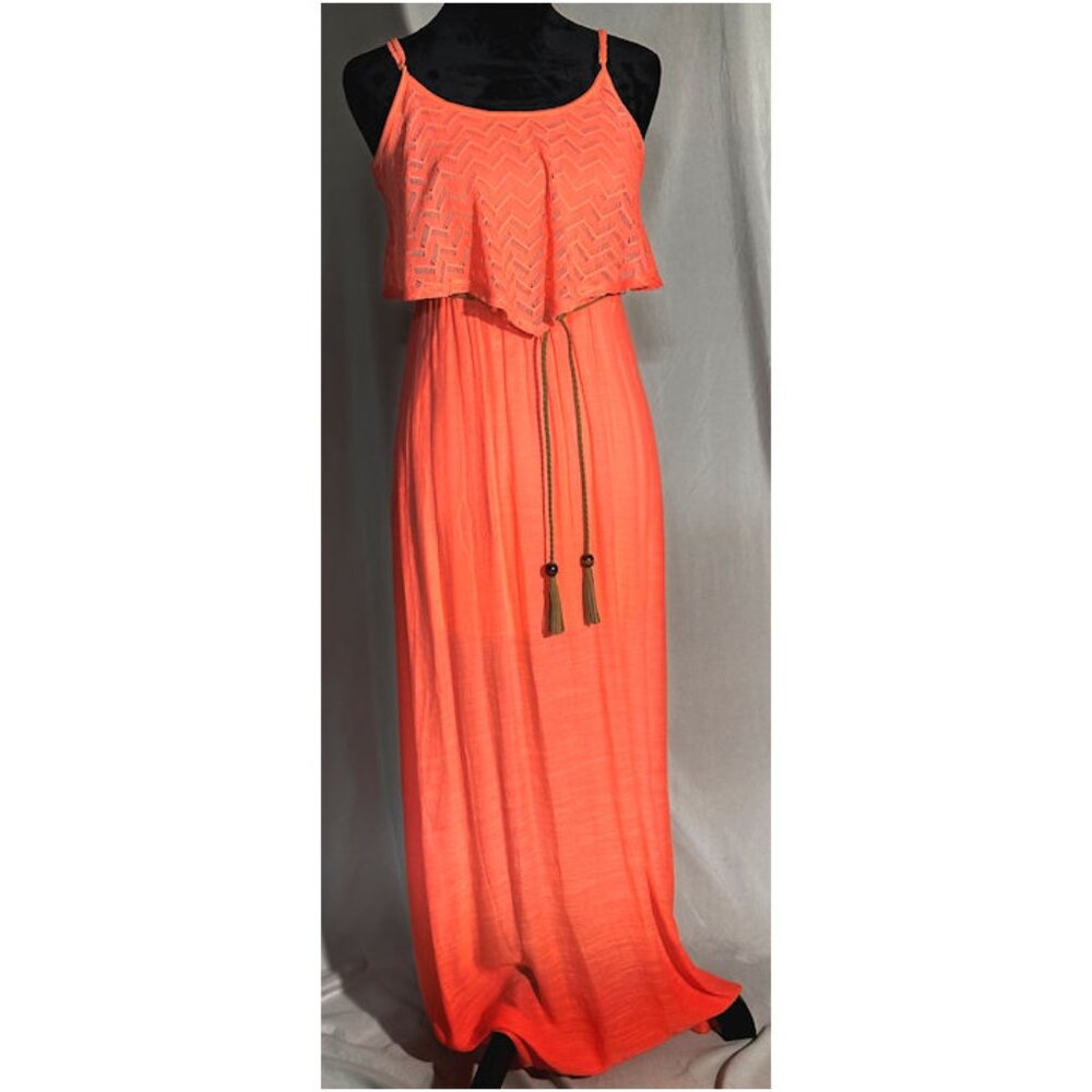 Trixxi Maxi Dress, Melon, Speghetti Straps, Crochet Bodice, Leather Belt, Small